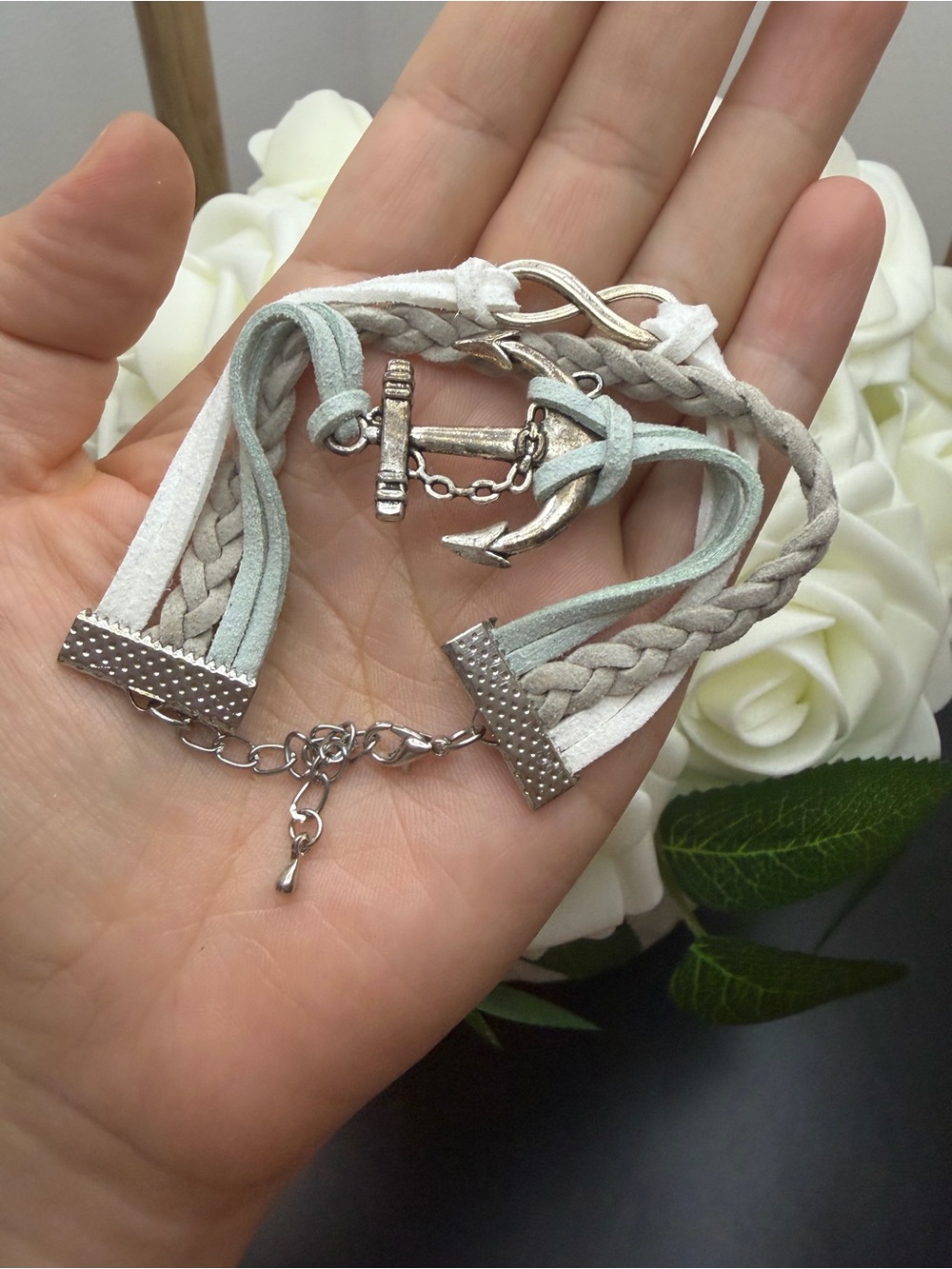 Braided Anchor Charm Bracelet in Light Gray and Mint